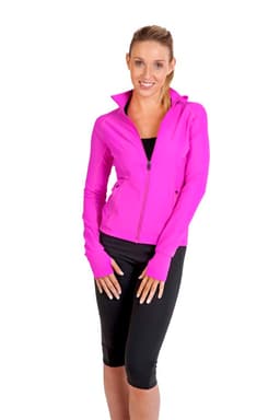 A woman wearing a bright pink nylon/spandex jacket with a zip and long sleeves, styled with black leggings.