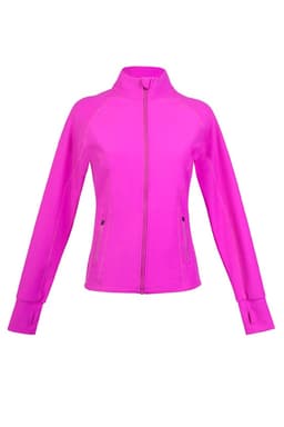 A women's jacket in vibrant pink, featuring a zip front and long sleeves with thumbholes. Includes a logo.