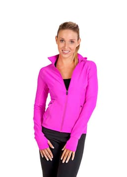 A pink women's nylon/spandex jacket features a zip front and high collar, with a branding logo present.