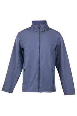 A grey soft shell jacket with a zip front and two side pockets, featuring a collar and a logo.