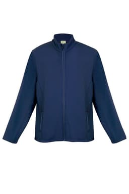 A navy blue men's soft shell jacket with a front zip and side pockets. It features a collar and a logo.
