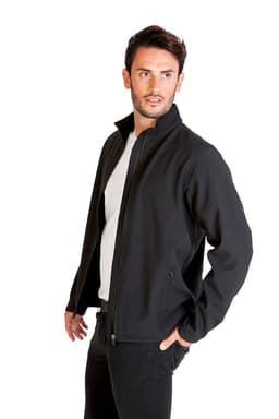 A men's black soft shell jacket with a zip front and high collar, featuring a logo on the sleeve.