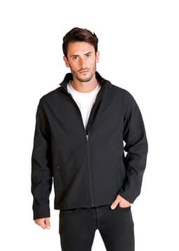 A man wearing a black soft shell jacket with a zippered front and stand-up collar. The jacket has pockets.