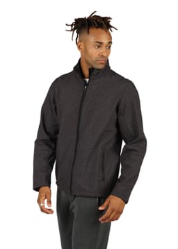 A black soft shell jacket with a textured design, featuring a zip front and two side pockets.
