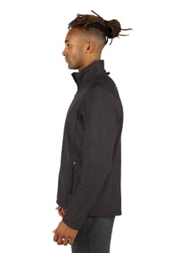 A men's black soft shell jacket with a textured pattern, featuring a zippered front and high collar.