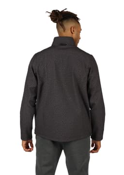 A men's soft shell jacket in dark grey with a textured pattern and a collar. The jacket features a plain back view.
