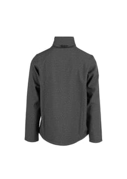 A black soft shell jacket with a textured pattern, featuring a high collar and no visible branding on the back.