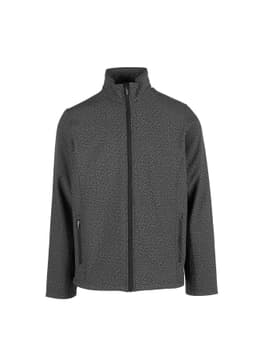 A men's soft shell jacket in heather grey with a zip front and two side pockets. Features branding on the jacket.