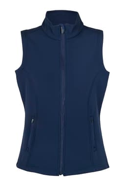 A navy soft shell vest featuring a high collar and zippered front, with two side pockets and a logo.