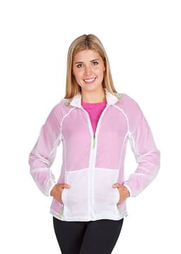 A lightweight women's air jacket in white with green accents, featuring a zip front and pockets.