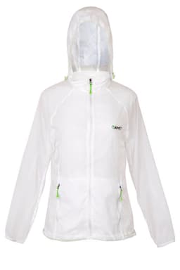 A white women's jacket with a hood, featuring zippered pockets and green accents. It has a branding logo on the front.