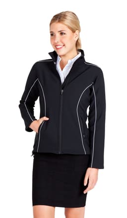 A women's black jacket with white piping, featuring a zip front and side pockets, and a branded logo.