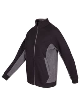 A black and grey women's jacket featuring a zip front, side pockets, and a high collar. It has a logo.