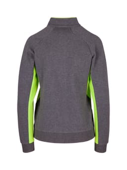 A women's jacket in grey with bright green side panels, featuring a high collar and a logo.