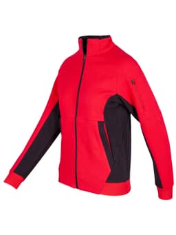 A red and black jacket with a zip, featuring a side pocket and a sleek design. It has a logo on it.