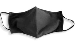 A black face mask made from 100% cotton, featuring ear loops and a simple design. It includes a logo.
