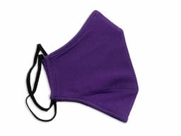 A purple 100% cotton face mask with black elastic ear loops and a contoured shape.