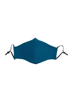 A teal face mask made of 100% cotton with adjustable toggles for a secure fit. Features branding on the side.