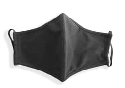 A black cotton face mask with ear loops and a contoured shape, featuring a logo.