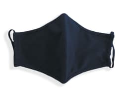 A navy blue cotton face mask with two ear loops and a simple design. It features a logo on one side.