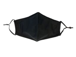 A black middle seamed cotton face mask with adjustable toggles and ear loops. It features a logo.