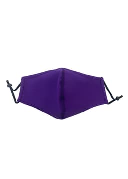 A purple cotton face mask with adjustable toggle ear straps and a seam in the middle, featuring a logo.