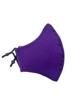 A purple cotton face mask with an adjustable toggle and a seam design. It features a logo on one side.