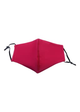 A red cotton face mask with a middle seam and adjustable toggles on each side, featuring a logo.