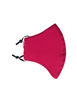 A red cotton face mask with adjustable toggle and middle seam. Features a logo on the side.