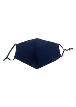 A navy blue middle seamed cotton face mask with adjustable toggle, featuring a logo.