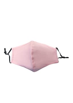 A pink cotton face mask with adjustable toggle and middle seam, featuring a logo.