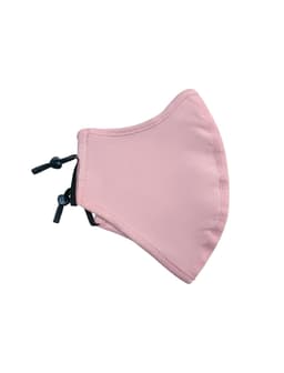 A pink cotton face mask with an adjustable toggle, featuring a middle seam and a logo.