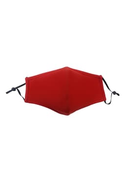 A red cotton face mask with adjustable toggles and a middle seam. Features black ties for a secure fit.
