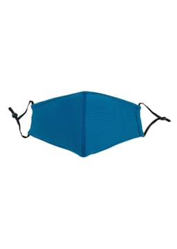 A blue cotton face mask with an adjustable toggle and middle seam design, featuring a logo.