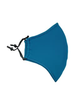 A blue middle seamed cotton face mask with adjustable toggle. Features a sleek design and includes a branding logo.
