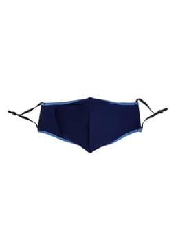 A cotton face mask in navy blue with light blue accents and adjustable toggles. Features a logo.