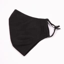 A black adult three-layer face mask with an adjustable toggle for a secure fit. Features a simple design.