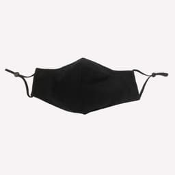 A black adult face mask with an adjustable toggle and three layers for added protection. It features a logo.