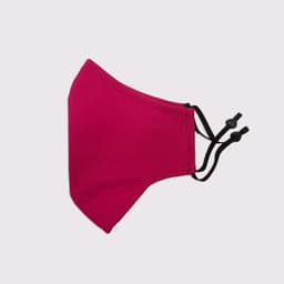 A pink adjustable face mask with a three-layer design and toggle for a secure fit. Features a logo on the side.