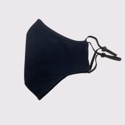 A navy blue adult face mask with adjustable toggles, featuring three layers for added protection.