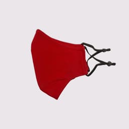 A red adult face mask with adjustable toggles and a three-layer design. It features a logo.