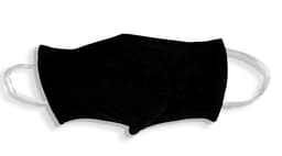 A black 100% cotton face mask with white ear straps and a simple design, featuring a logo.