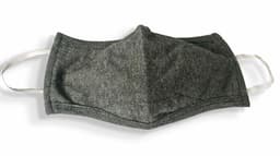 A grey 100% cotton face mask with ear loops, featuring a structured design and a simple logo.