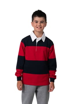 A red and navy striped rugby polo top with a white collar, worn by a young boy.