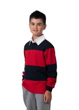 A kid's rugby polo top featuring horizontal red and navy stripes, with a white collar and long sleeves.