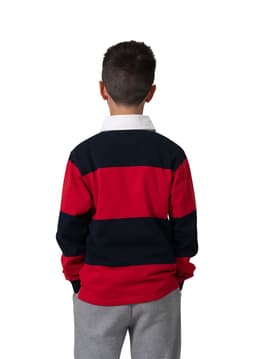 A rugby polo top in red and navy stripes, featuring a white collar, displayed on a child from the back.