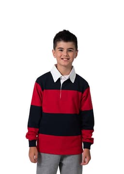 A kid's rugby polo top featuring red and navy stripes, with a white collar and long sleeves.