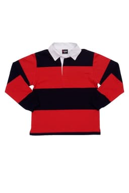 A red and navy striped rugby polo top with a white collar, featuring a logo on the chest.