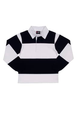 A kid's rugby polo top in black and white stripes with a collared neck and long sleeves. It features a logo.