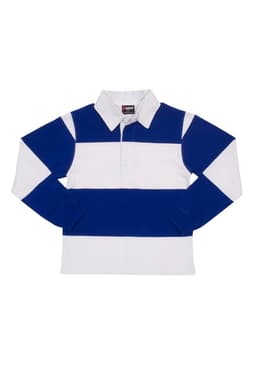 A rugby polo top featuring alternating blue and white stripes, with a collared neck and long sleeves.